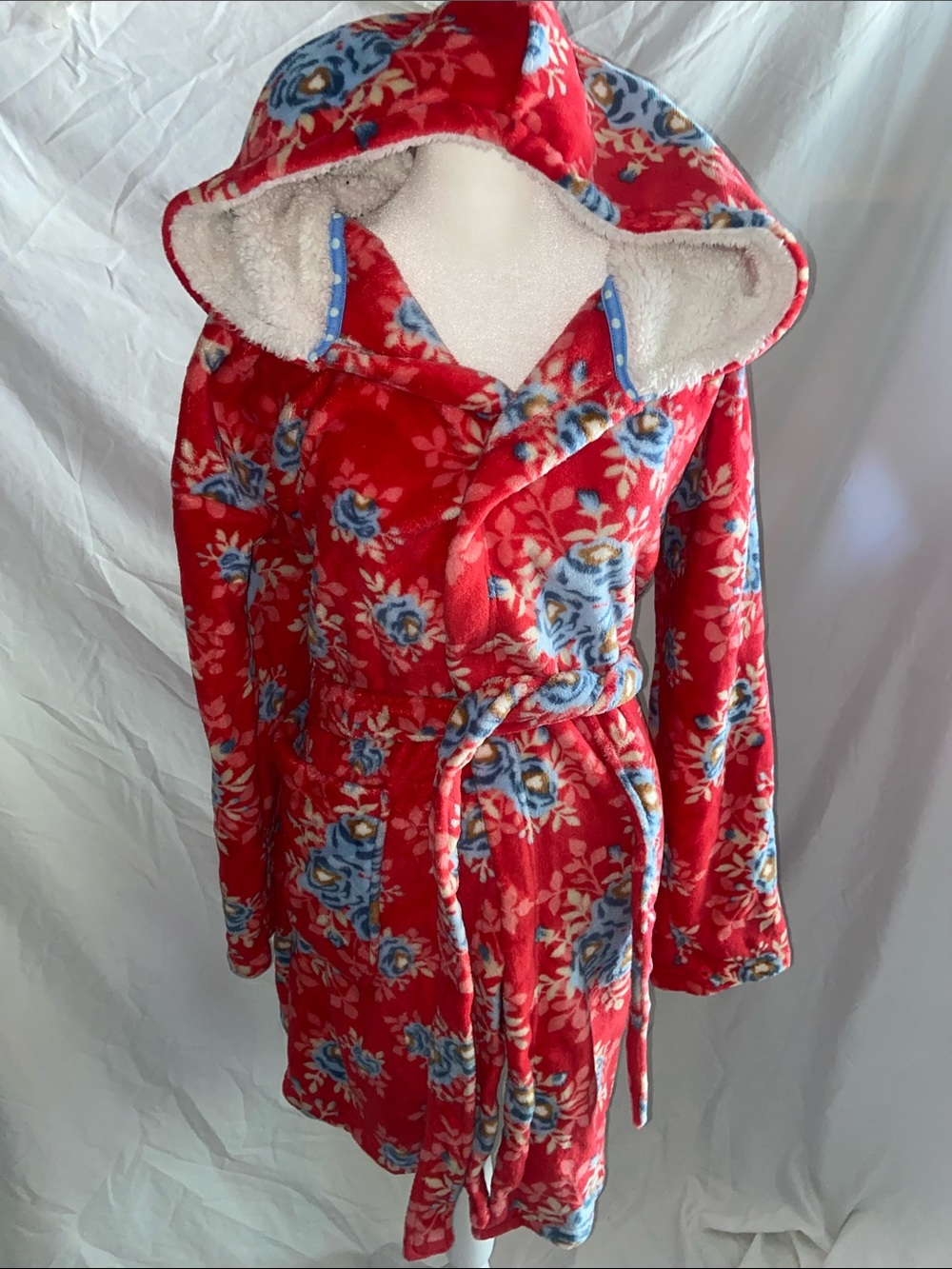 Matilda Jane Red Floral Hooded Belted robe with Blue Accents